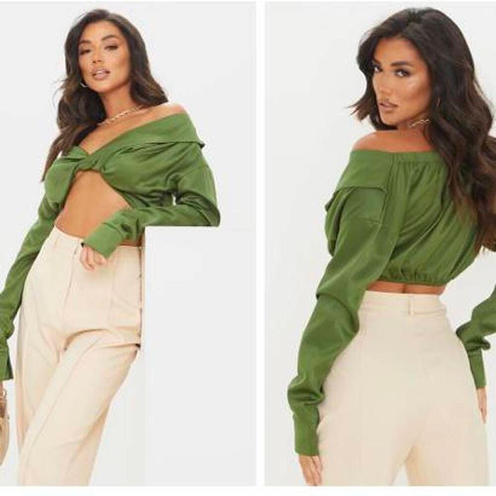New Size 2 Pretty Little Thing Olive Green Satin Bardot Twist Front Crop Top